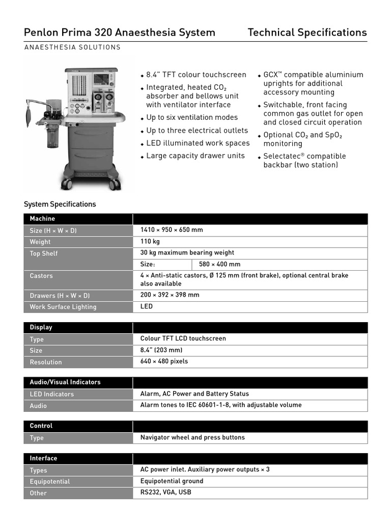 Penlon Prima 320 Anesthesia System Specs | PDF | Exhalation ...