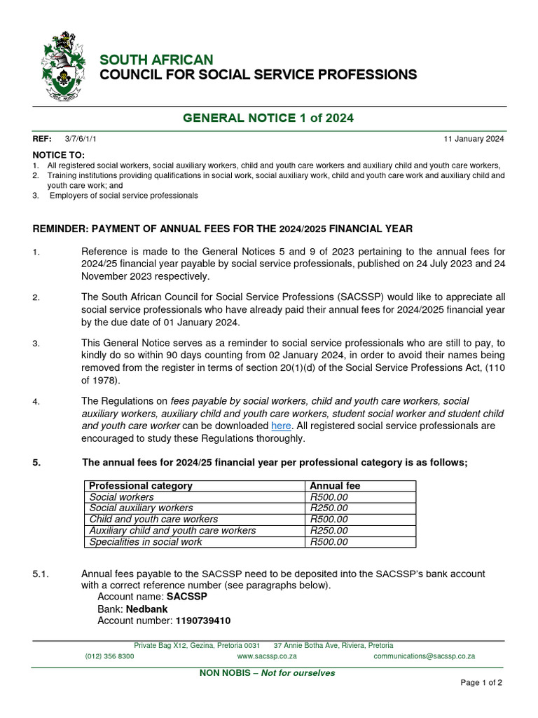 SACSSP Annual Fees Reminder 2024/25 | PDF | Social Work | Fee