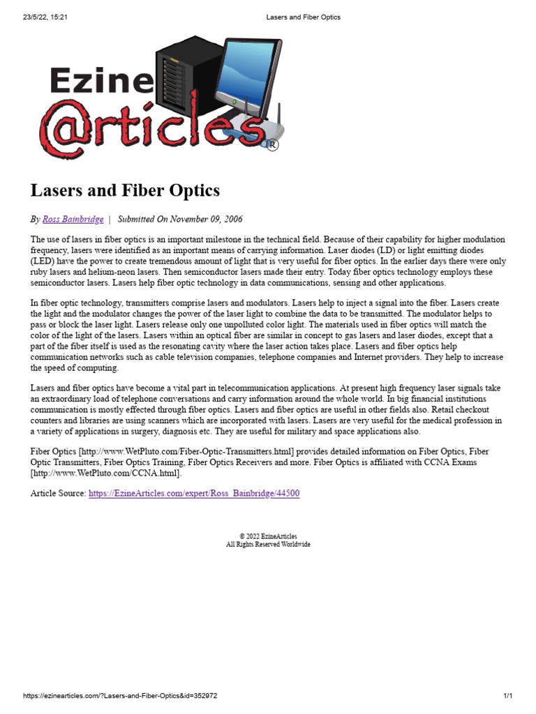 Lasers in Fiber Optics Technology | PDF | Laser | Optical Fiber