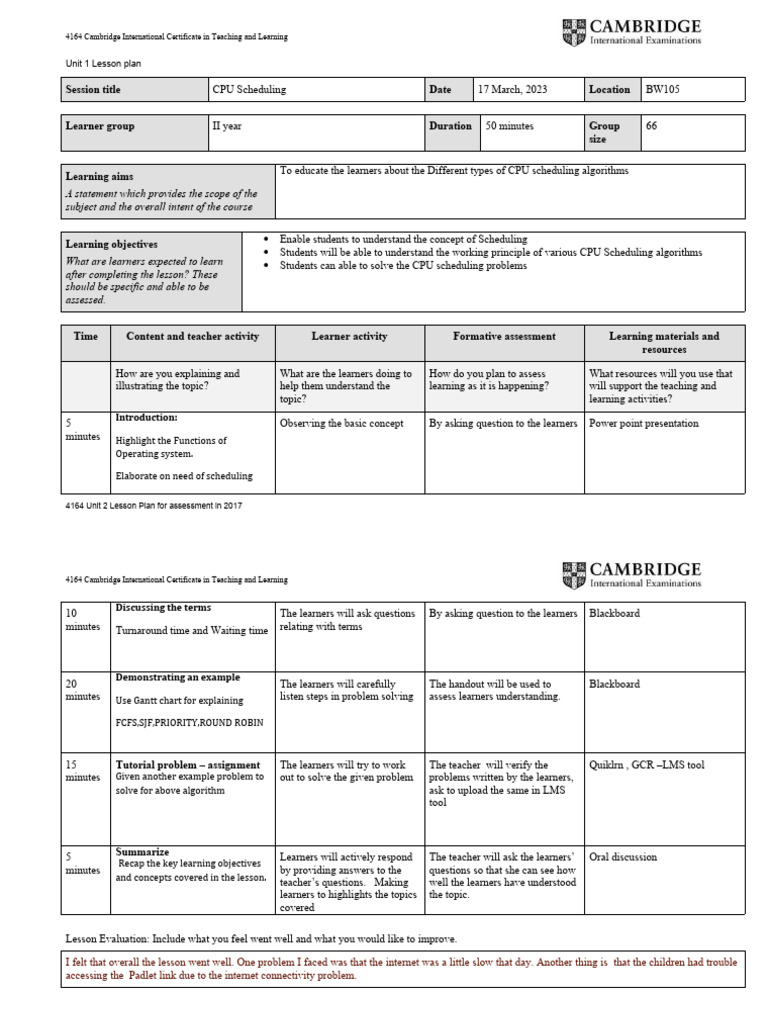 CPU Scheduling for Year II Students | PDF | Learning | Lesson Plan