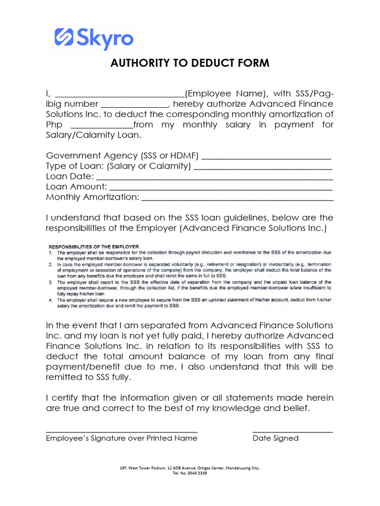 Authority to Deduct Loan Form | PDF