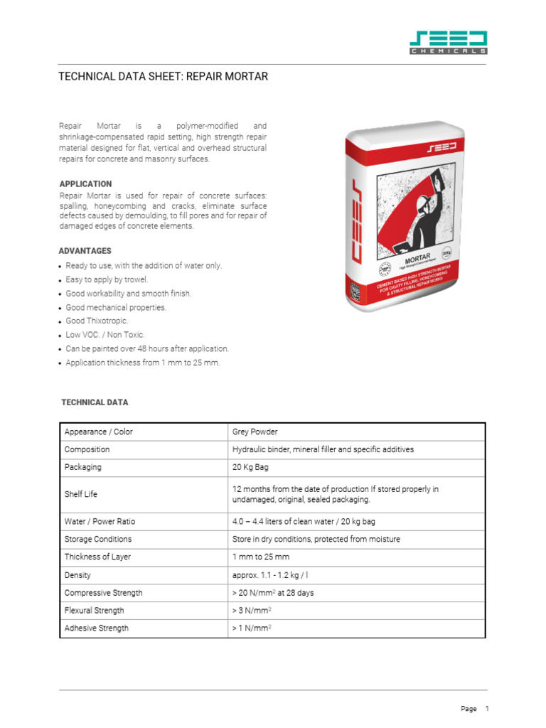 TDS for Repair Mortar | PDF | Concrete | Mortar (Masonry)