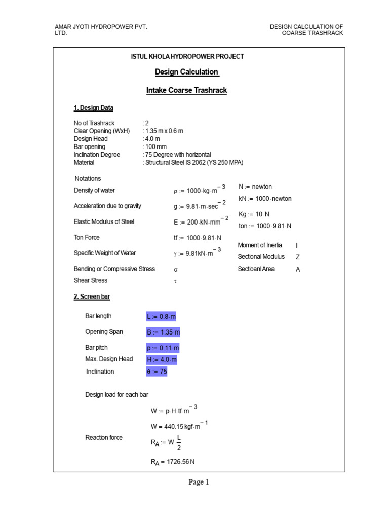 Coarse Trashrack Design Calculations | PDF | Bending | Young's Modulus