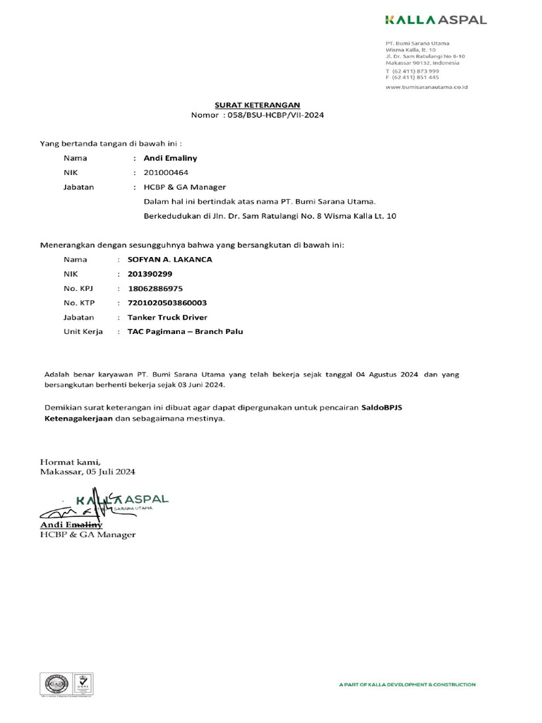 SURAT KETERANGAN PENCAIRAN BPJS TK | PDF