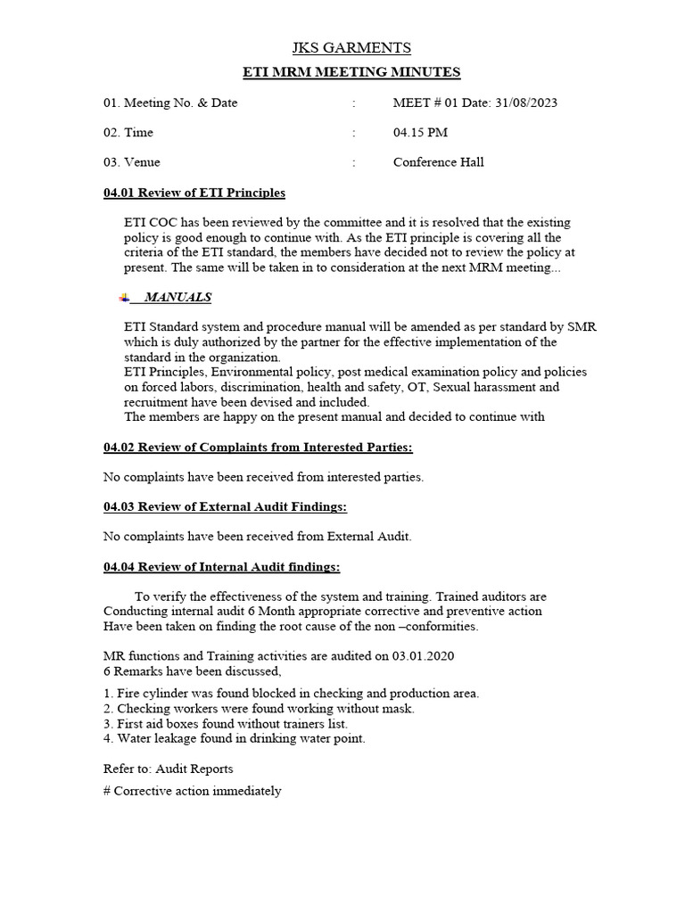 ETI MRM Meeting Minutes - Aug 2023 | PDF | Audit | Occupational Safety ...