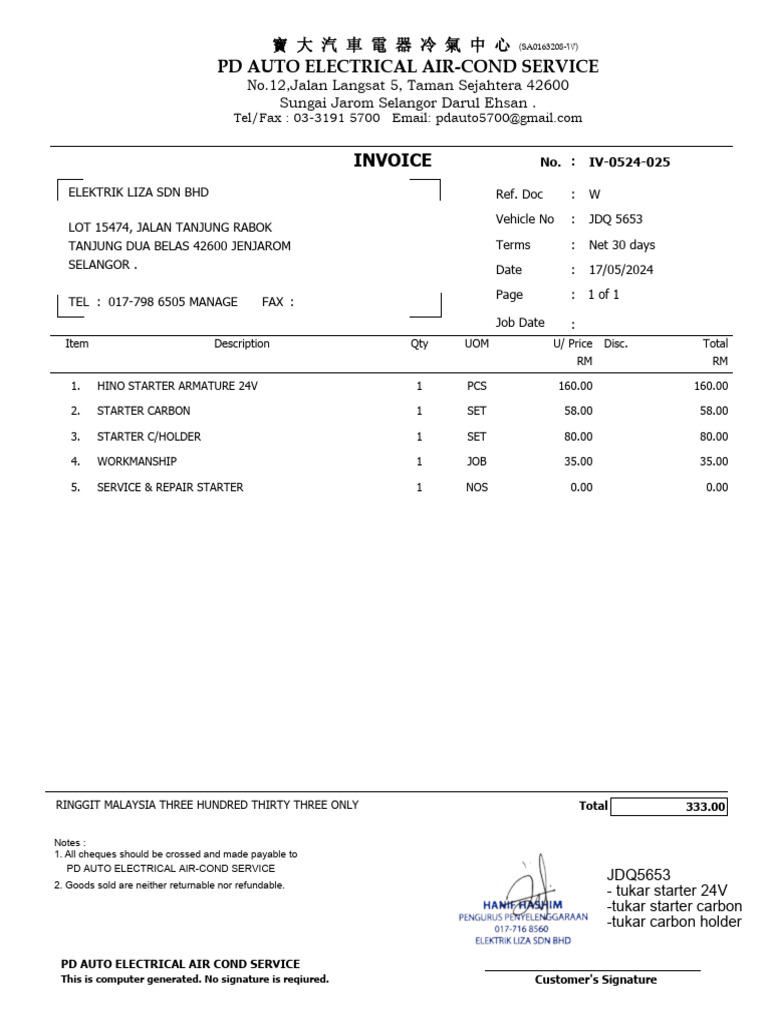 Invoice for Auto Electrical Services | PDF | Dollar | Economy Of Asia