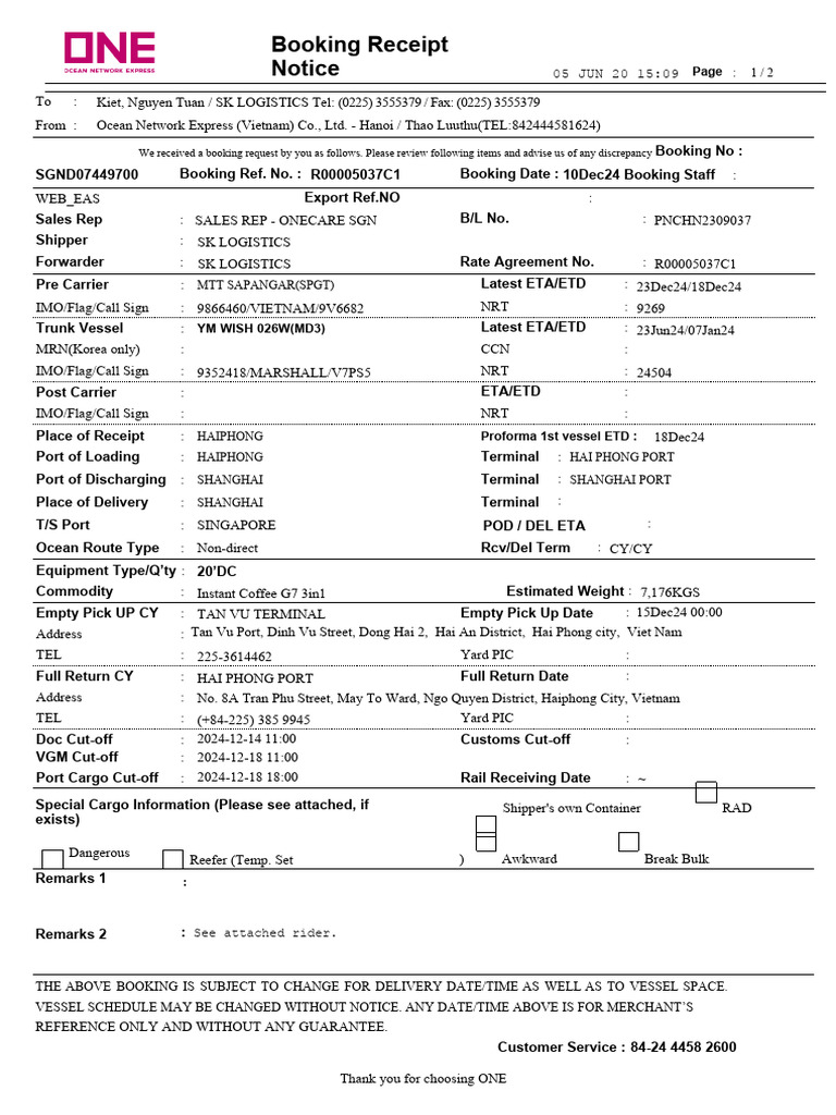 Booking Receipt for Ocean Freight Shipment | PDF | Cargo | Supply Chain ...