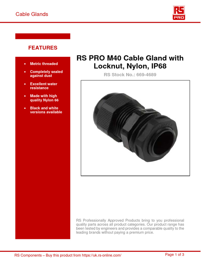 RS PRO M40 Cable Gland With Locknut, Nylon, IP68: Features | PDF