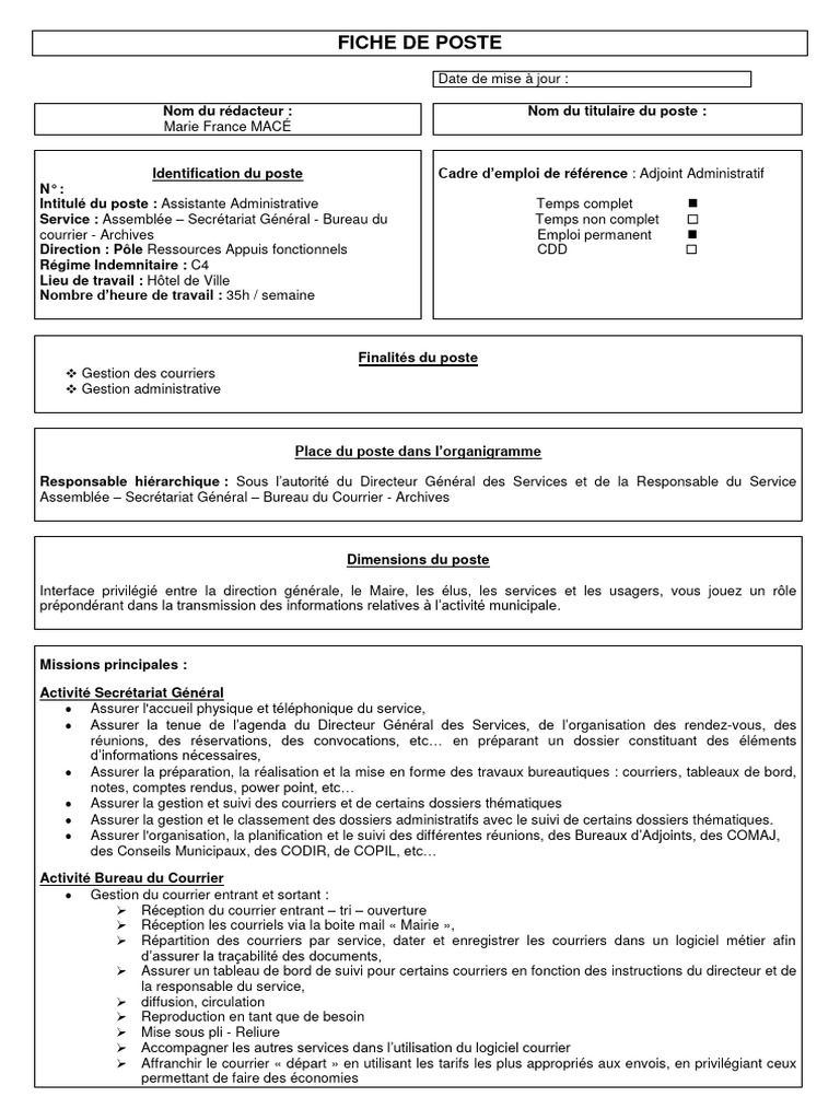 Fiche de Poste : Assistante Administrative | PDF | Secrétaire