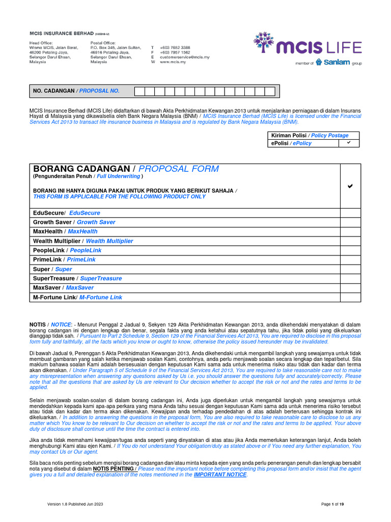 Borang Cadangan MCIS Insurance Berhad | PDF