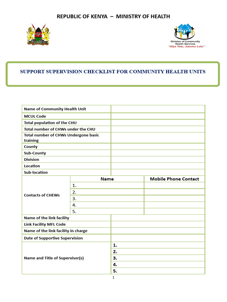 Community Health Unit Supervision Checklist | PDF