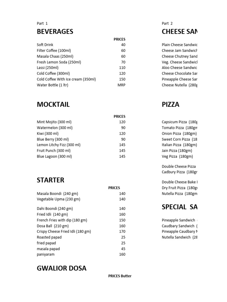Menu Prices for Beverages and Snacks | PDF | Sandwich | Drink