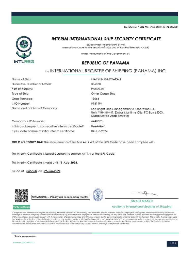 Interim Ship Security Certificate for MAYYUN QASWARAH | PDF ...