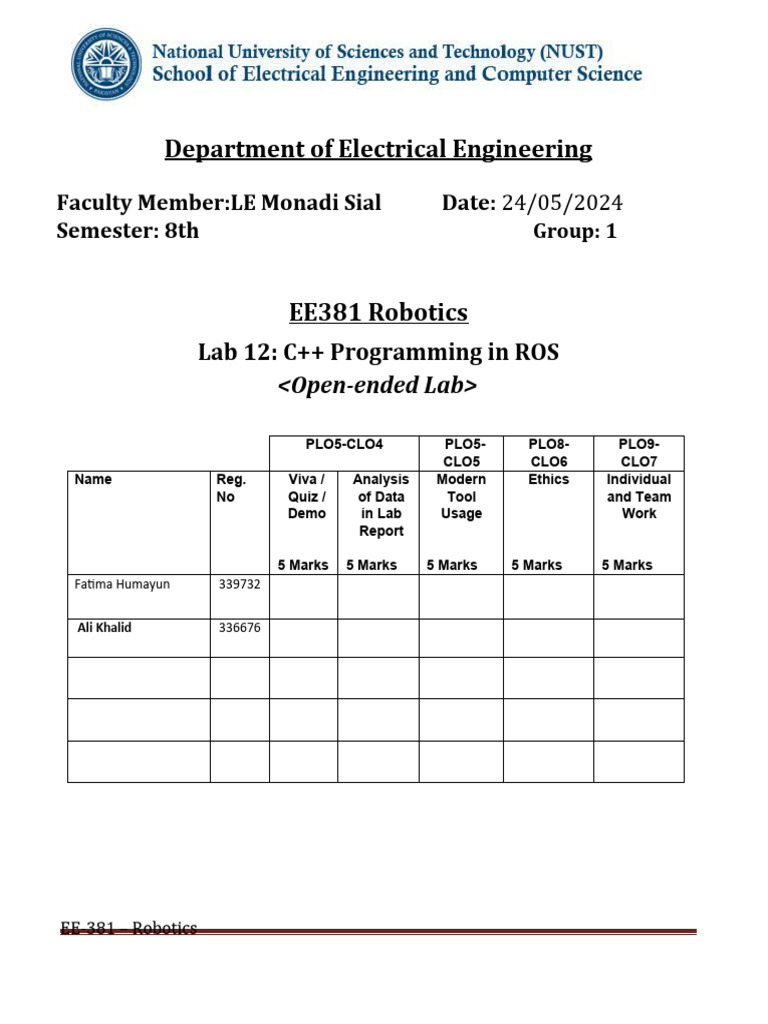 Robotics Lab 12 - C++ Programming in ROS (Open-Ended Lab) | PDF ...