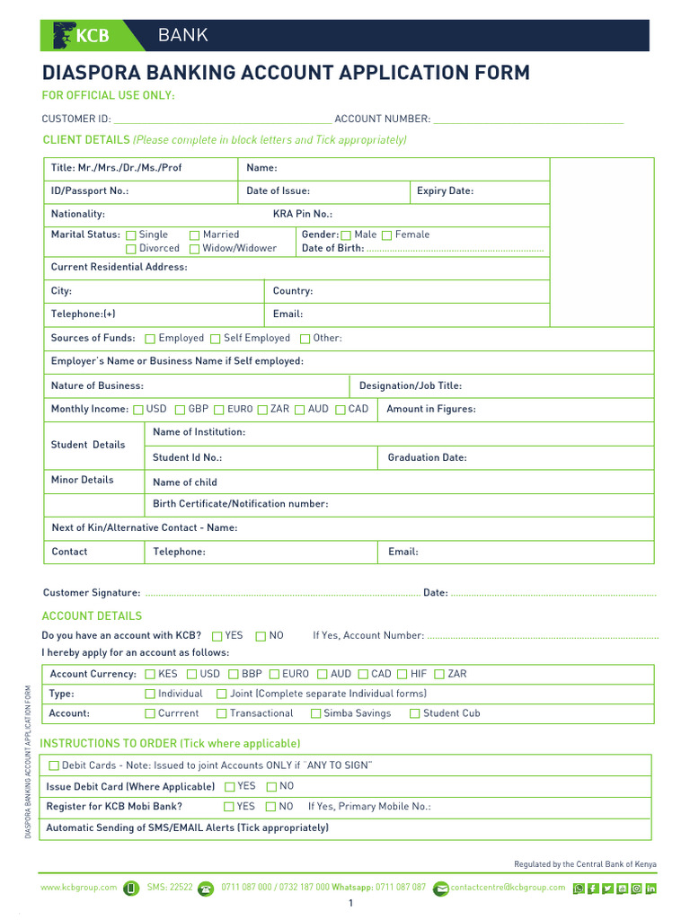 KCB Diaspora Banking Application Form | PDF | Banks | Identity Document