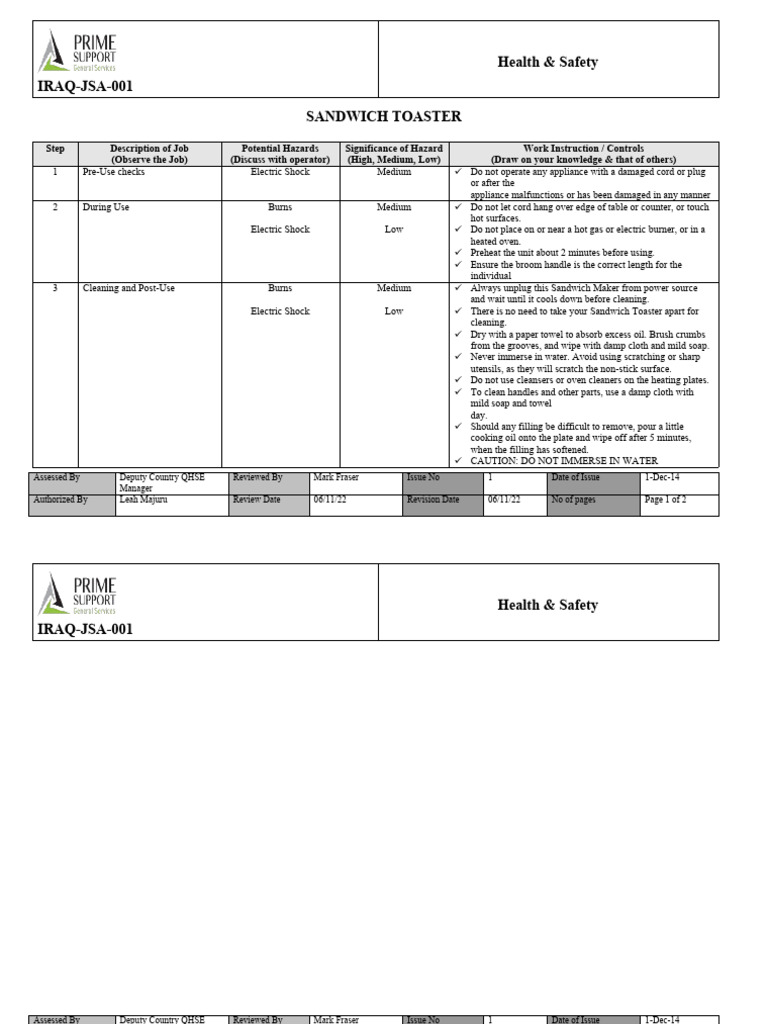 Sandwich Toaster Safety Guidelines | PDF