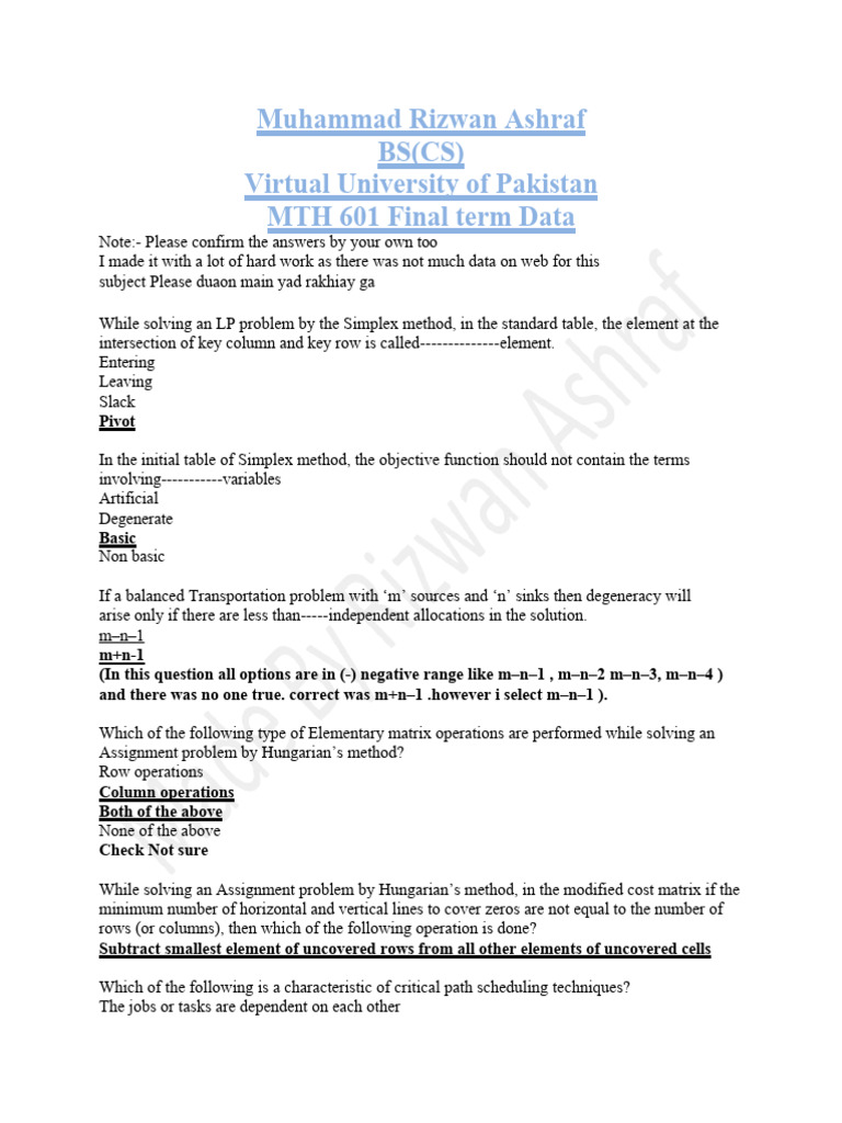 MTH601 FinalTerm Rizwan | PDF | Mathematical Optimization | Linear ...