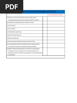 Checklist for Sale of Shares of Stock