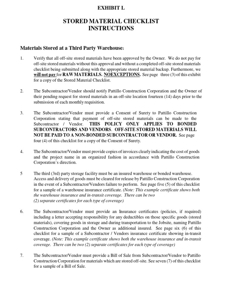 Exhibit L Stored Materials Checklist 02.27.17 | PDF | Surety 