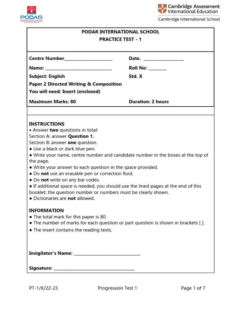 English Practice Test for Std. X | PDF