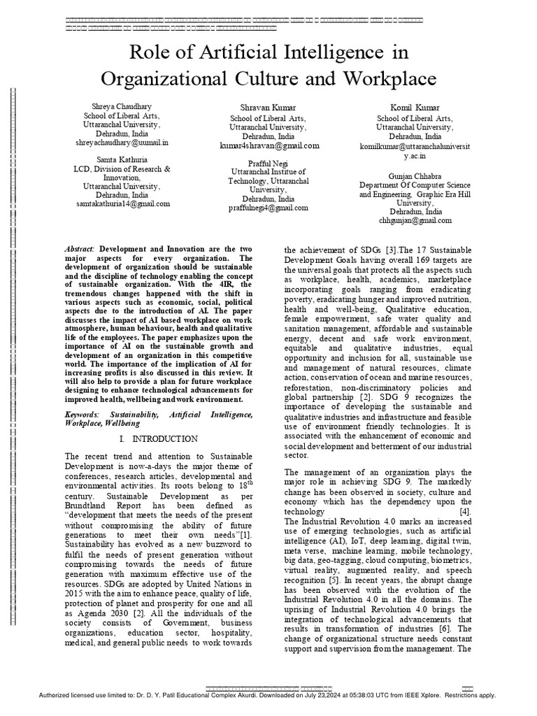 Role Of Artificial Intelligence In Organizational Culture And Workplace