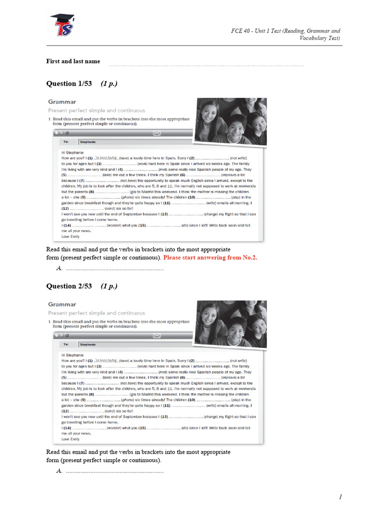 Fce 40 unit 1 test reading grammar and vocabulary test questions