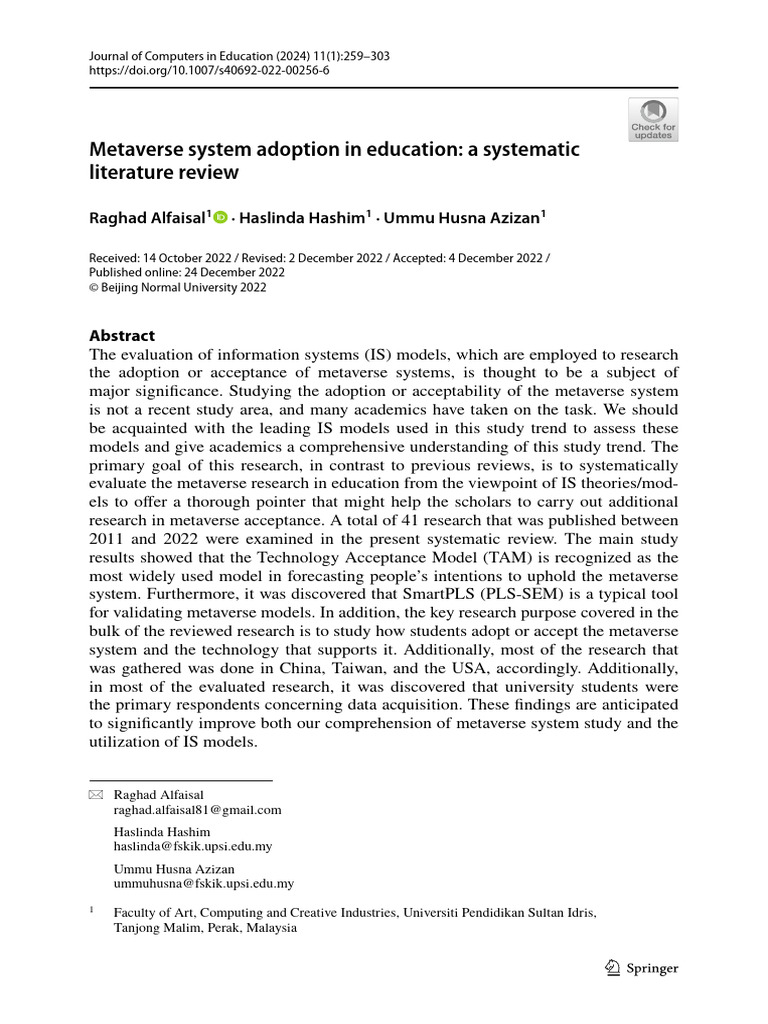 Metaverse System Adoption in Education: A Systematic Literature Review ...