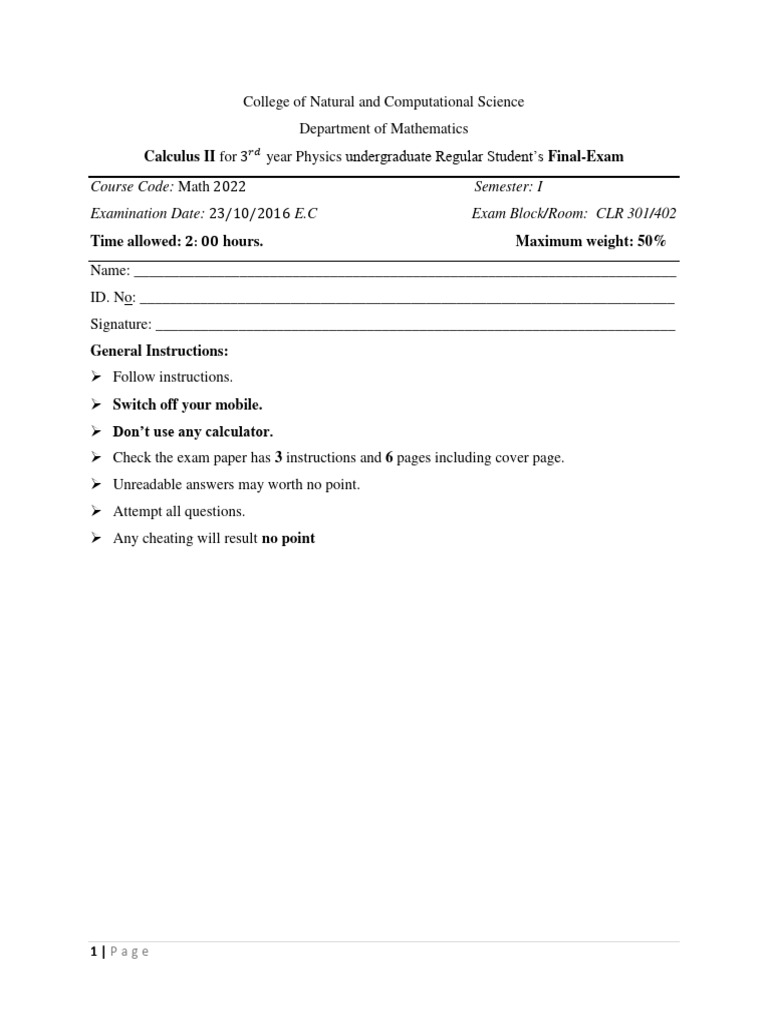Calculus II Final Exam Guidelines | PDF