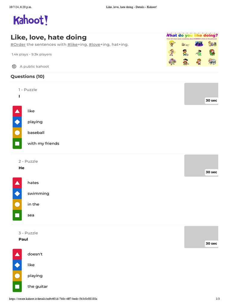 Like, Love, Hate Doing - Details - Kahoot! | PDF