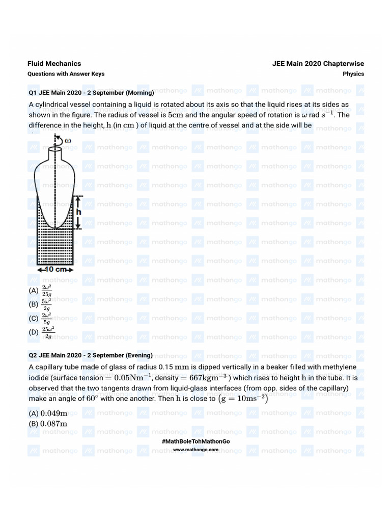 Fluid Mechanics Questions Jee Main 2020 Chapterwise Question Bank ...