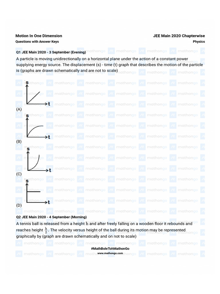 Motion in One Dimension Questions Jee Main 2020 Chapterwise Question ...