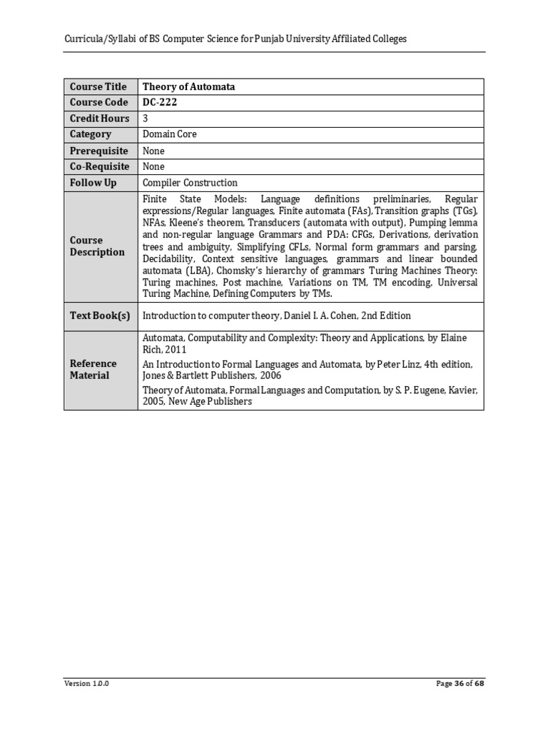 Course title theory of automata course code dc 222 credit hours 3