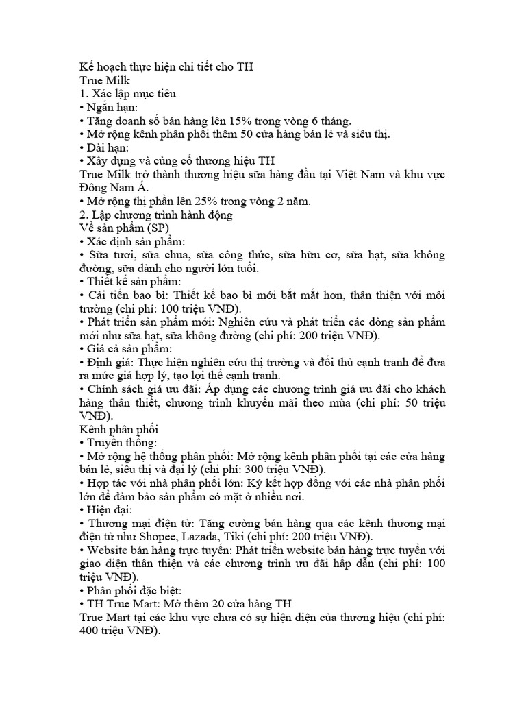 Kế hoạch thực hiện chi tiết cho TH | PDF