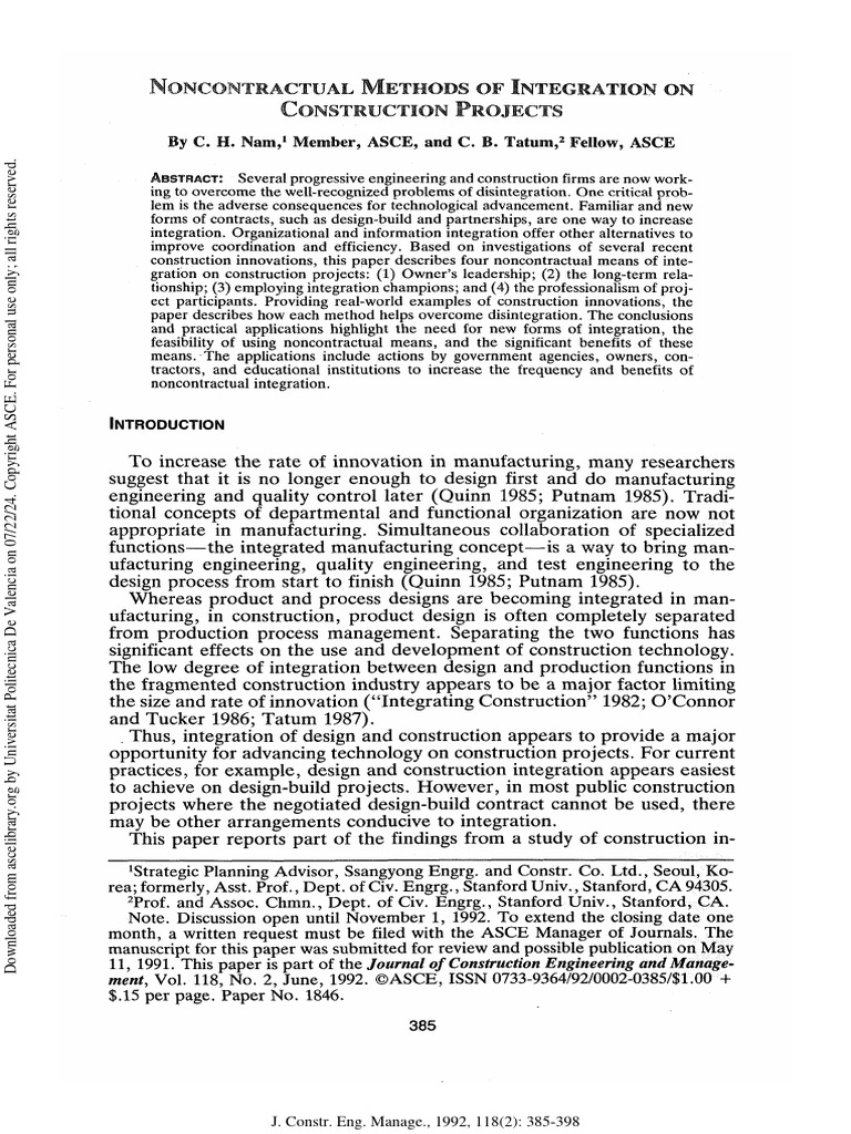 Tatum nam 1992 noncontractual methods of integration on construction
