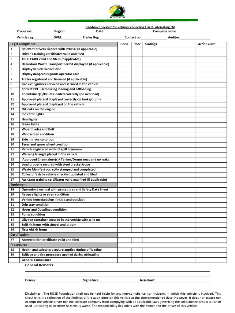 Vehicle Compliance Checklist for Oil Collection | PDF | Vehicles ...