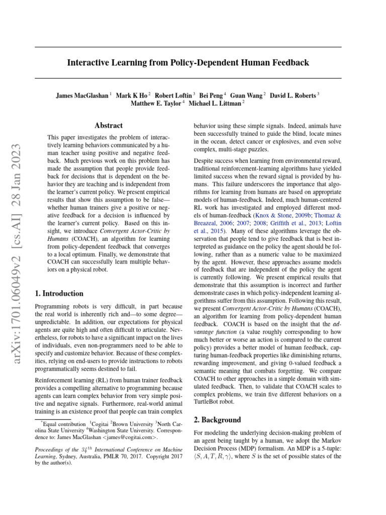 Interactive Learning From Policy-Dependent Human Feedback | PDF ...