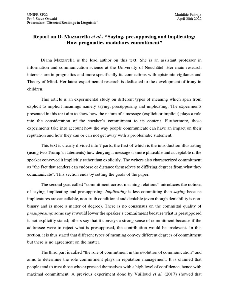 Report On D. Mazzarella Et Al., 