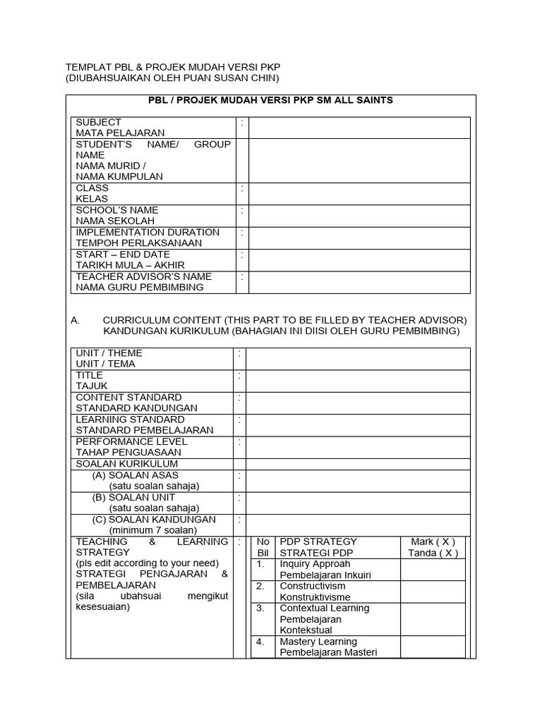 Templat PBL & Projek Mudah (Kosong) | PDF