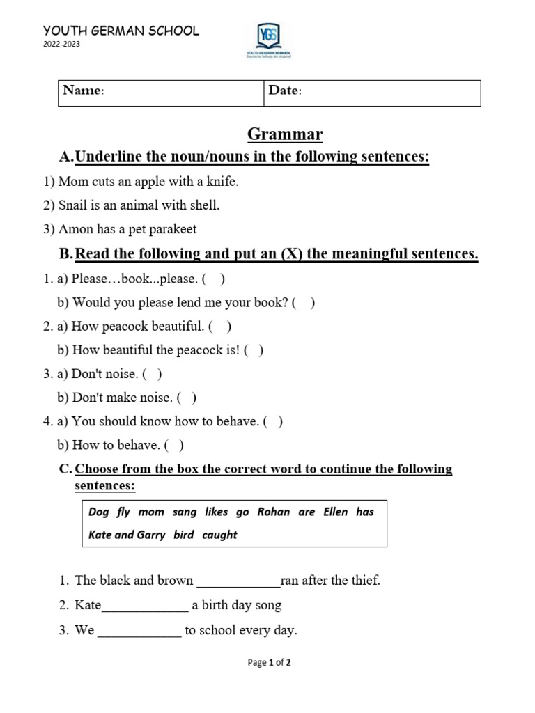Grade 2 Grammar Worksheet | PDF