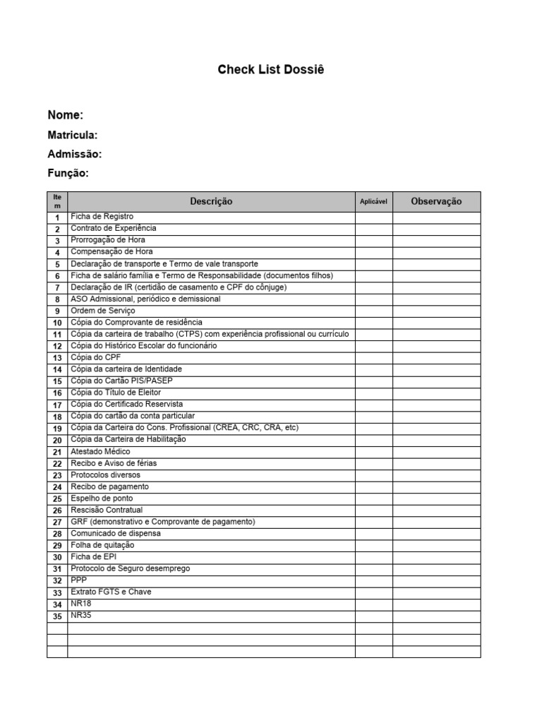 Formato De Check List De Documentos