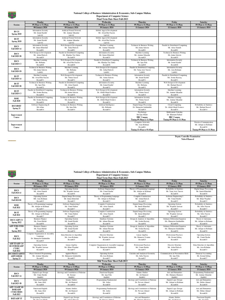 Fall 2023 Final Term Date Sheet | PDF | Computing | Computer Science