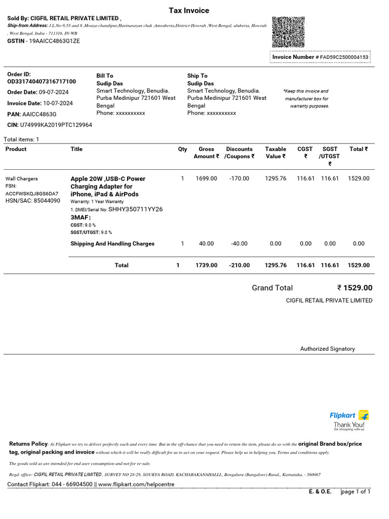 Invoice for Apple 20W USB-C Charger | PDF | Apple Inc. | Ios