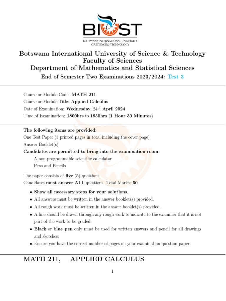 MATH211 Test 3 2023 2024 Memo | PDF | Mathematics