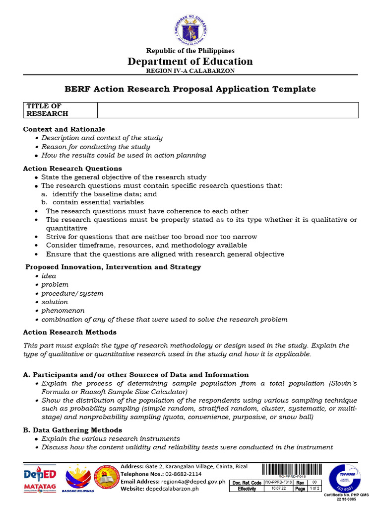Action Research Proposal Template | PDF | Sampling (Statistics ...