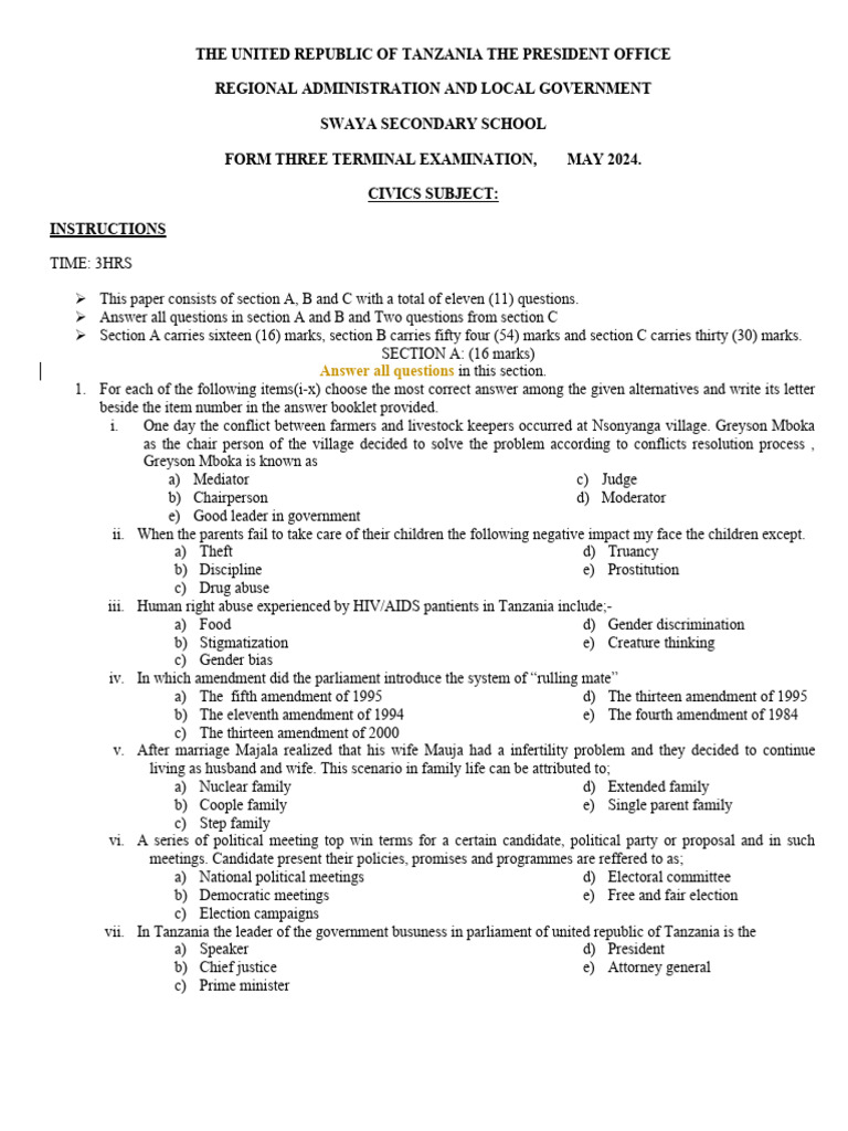 Tie Civics Form Three Online Reading