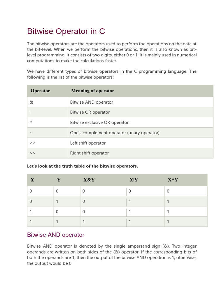 Bitwise Operator in C | PDF | Integer (Computer Science) | Software ...