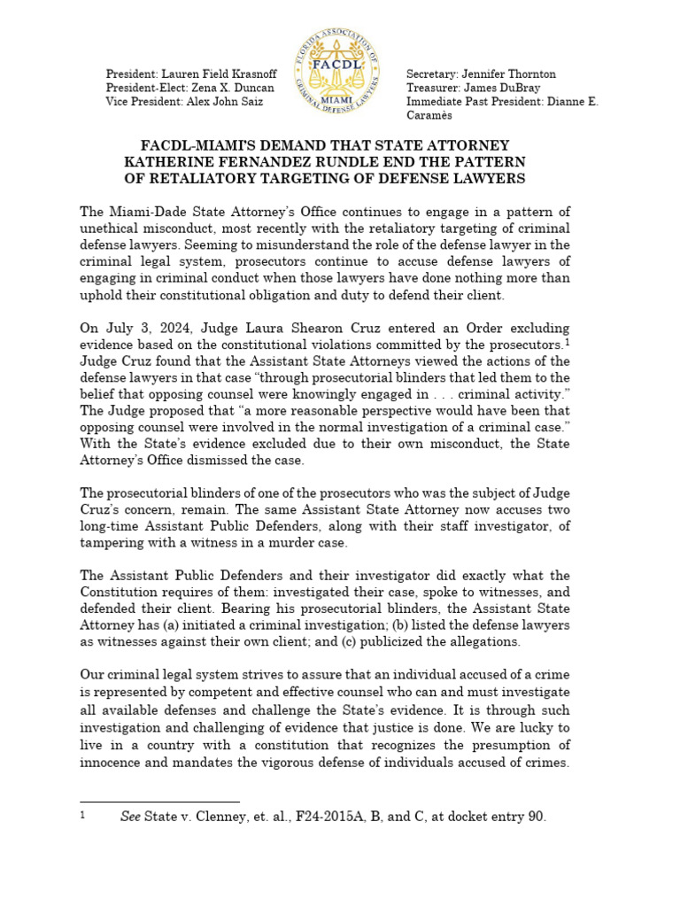 Statement On The SAO's Targeting of Defense Lawyers | PDF | Criminal ...
