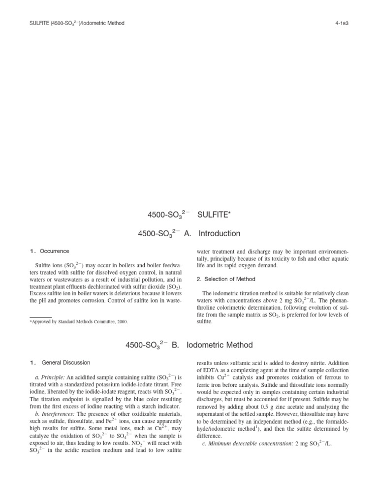 Sulfite Analysis Methods in Water | PDF | Titration | Chemistry