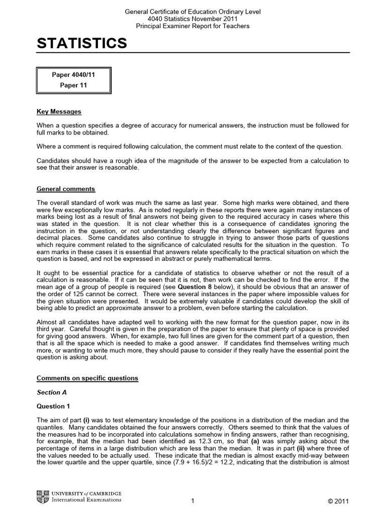GCE O Level Statistics Exam Report 2011 | PDF | Statistics | Accuracy ...