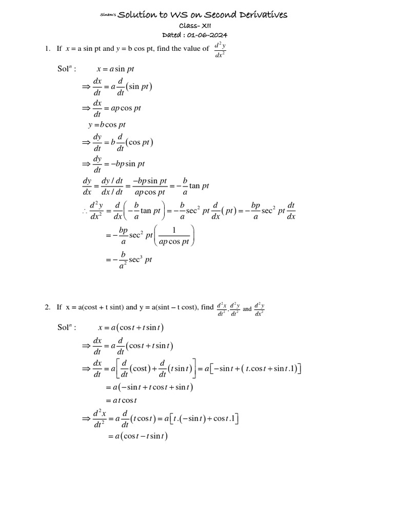 Solution - WS - Second Derivatives - 01-06-2024 | PDF